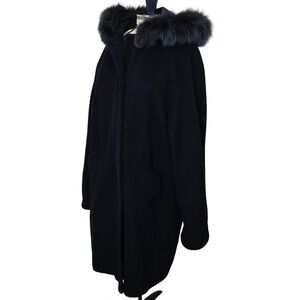 Vintage Jonathan Michael Wool Coat Womens XL Dark Navy Blue Fur Trim‎ Hood USA